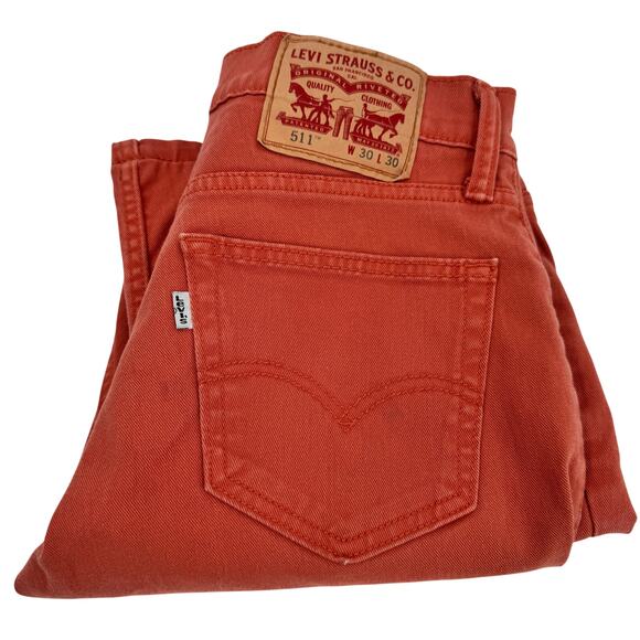 Levi's 511 Jeans Mens 30x30 (29x27 Actual) Slim Salmon Denim White Tab HEMMED - Picture 1 of 9